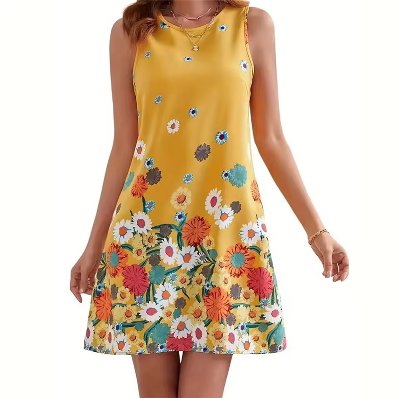 Soft Summer Yellow Clothing - Żółta Sukienka w Kwiaty Damska Bez