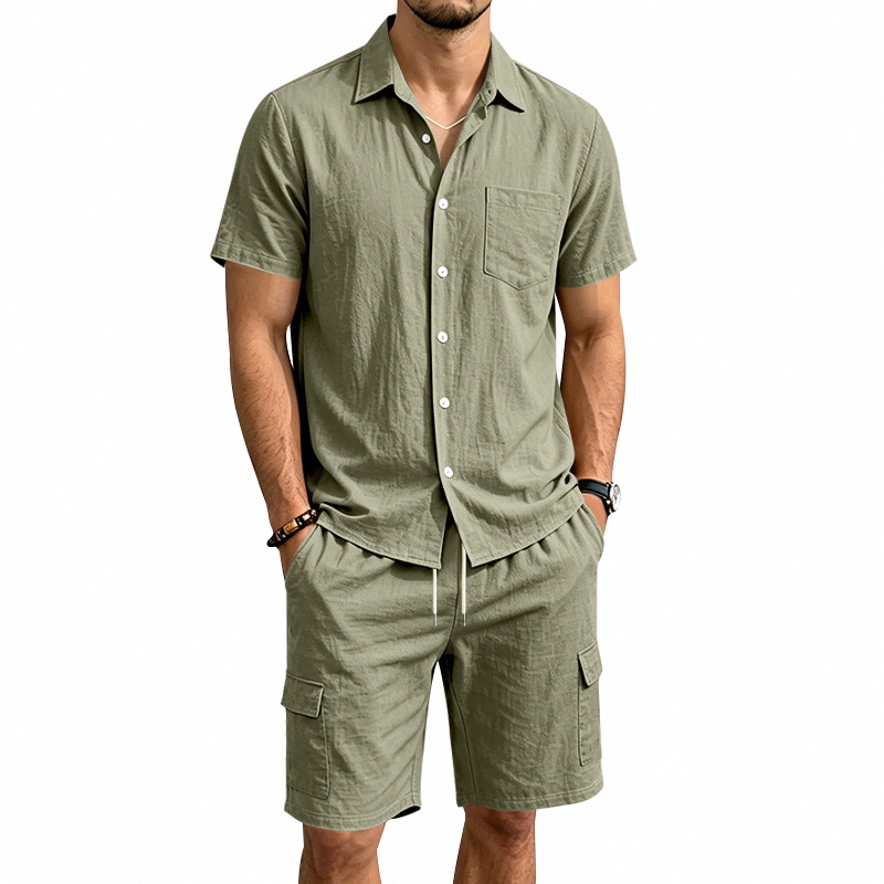 Summer Clothing Trend - Męski letni lniany dwuczęściowy zestaw: koszula